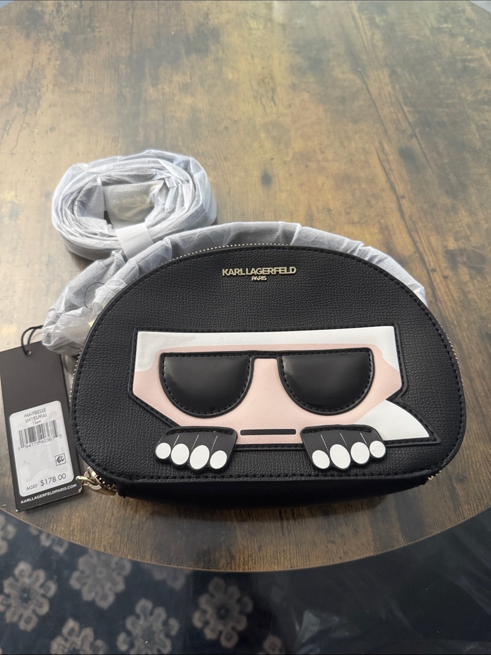 Karl Lagerfeld Black and White Leather Sunglasses Appliqué Crossbody Bag